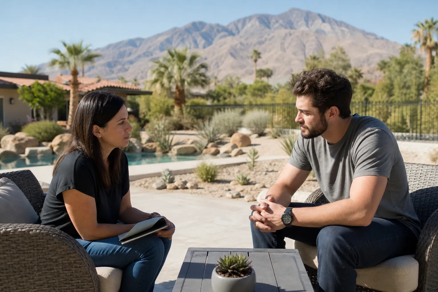 Patio Conversation in a Desert Residential Setting A woman holding a notebook talks with a man on a patio beside a pool, with palm trees and desert mountains behind them.