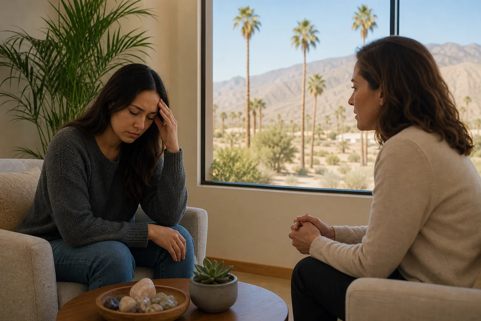 Supportive Conversation in a Desert Counseling Setting A distressed woman holds her temple while another woman listens, with desert mountains and palms visible through a window.