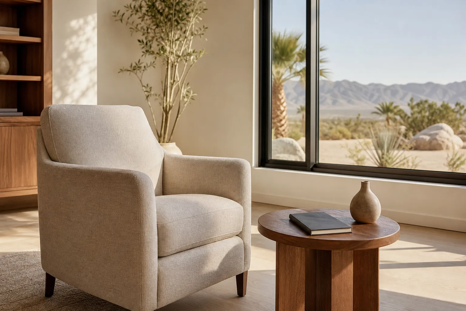Quiet Sitting Area With Desert Mountain Views A beige armchair beside a round wooden table with a book and vase, overlooking desert plants and mountains through a window.