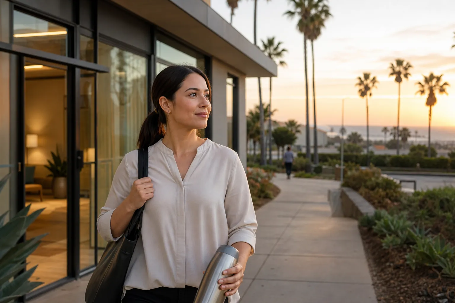 Woman arriving after work at sunset in California Woman carrying a shoulder bag and travel mug outside a modern building at sunset among California palm trees.