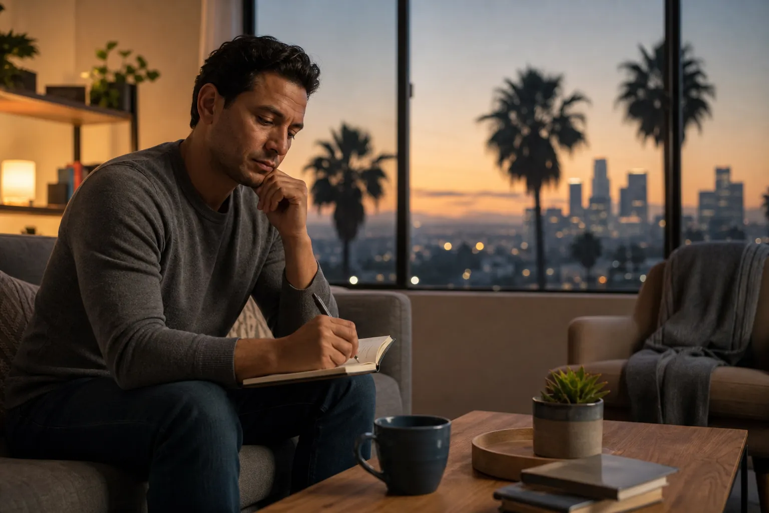 Man journaling at home after work in California A man writes in a notebook at home in the evening, with palm trees and a California city skyline outside.