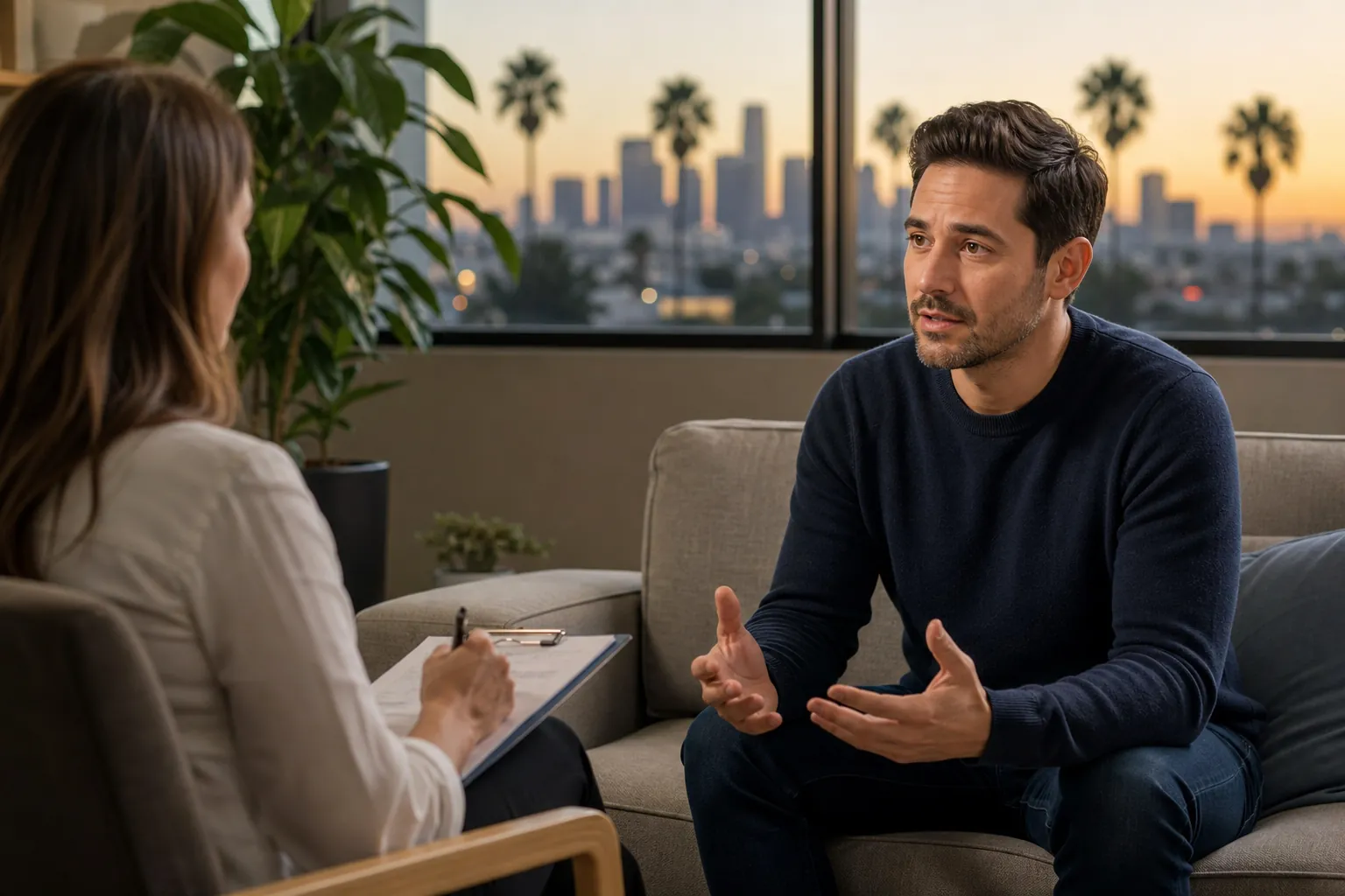 After-work outpatient counseling session in California A man speaks with a counselor in an office at sunset, with palm trees and a California city skyline outside.
