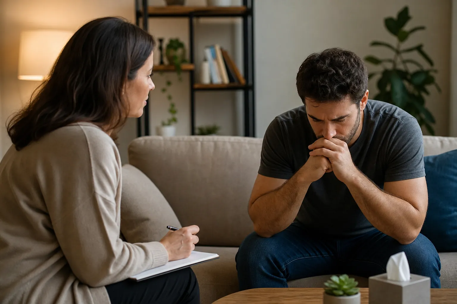 Counseling Conversation With a Distressed Man A woman holds a pen and notebook while a distressed man leans forward on a sofa with his hands clasped near his mouth.