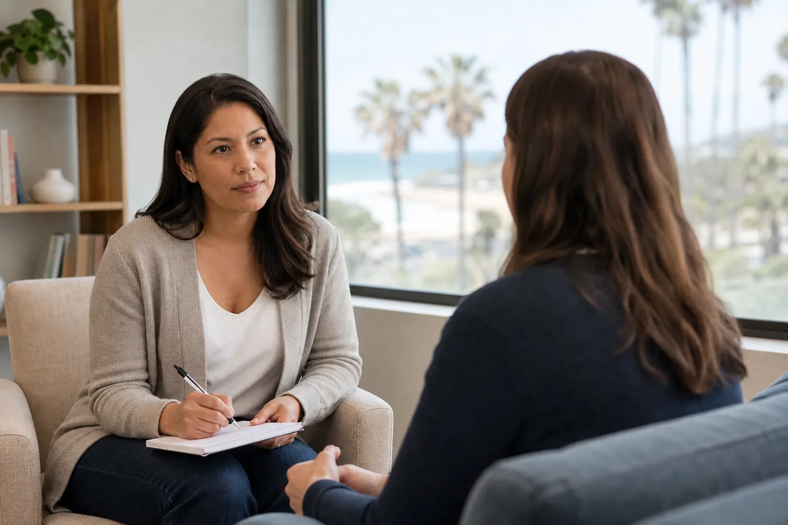 One-on-One Counseling in a Bright Coastal Office A woman holding a pen and notebook listens to another woman in a bright office overlooking palm trees and the ocean.