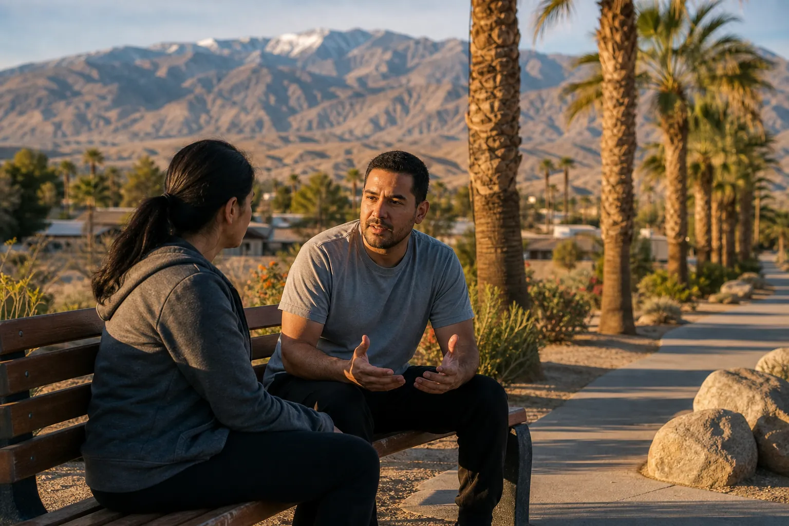 A man gestures while talking with a woman on a wooden bench beside a palm-lined path, with desert mountains behind them.