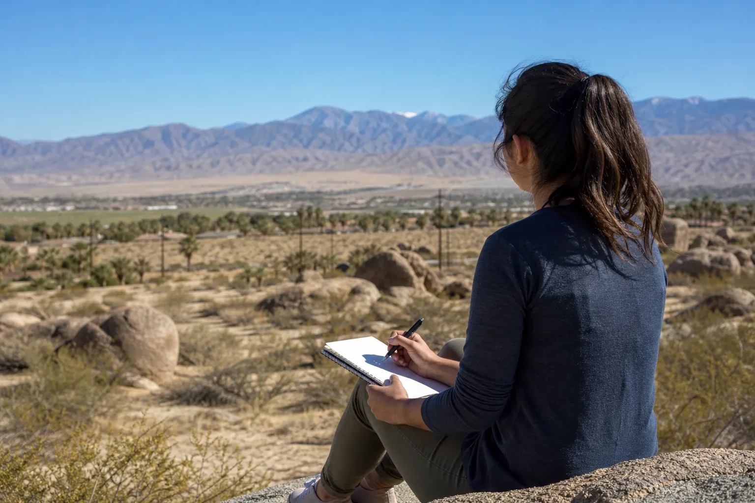 A woman sits on a rock with a pen and notebook in her lap, overlooking a desert valley with palms and distant mountains.