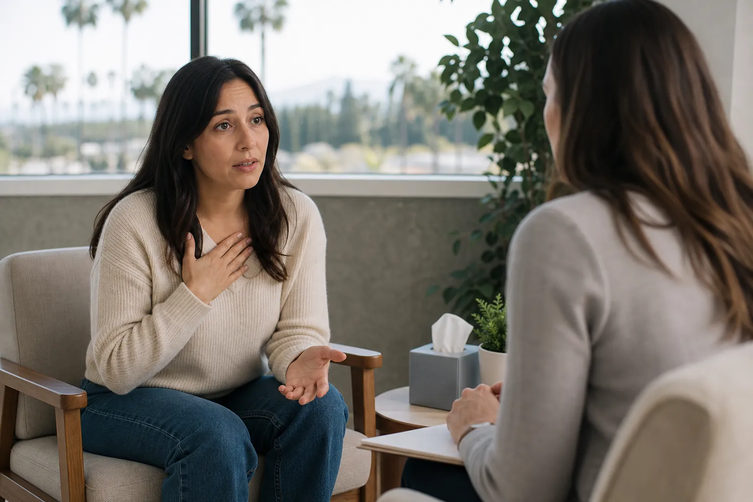 A woman gestures with one hand on her chest while speaking to a counselor seated opposite her with a notebook.