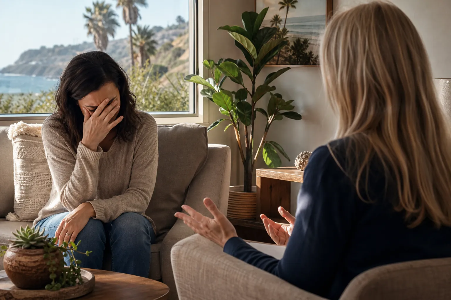 A woman covers her face while a seated counselor gestures in a bright room overlooking the ocean and palm trees.