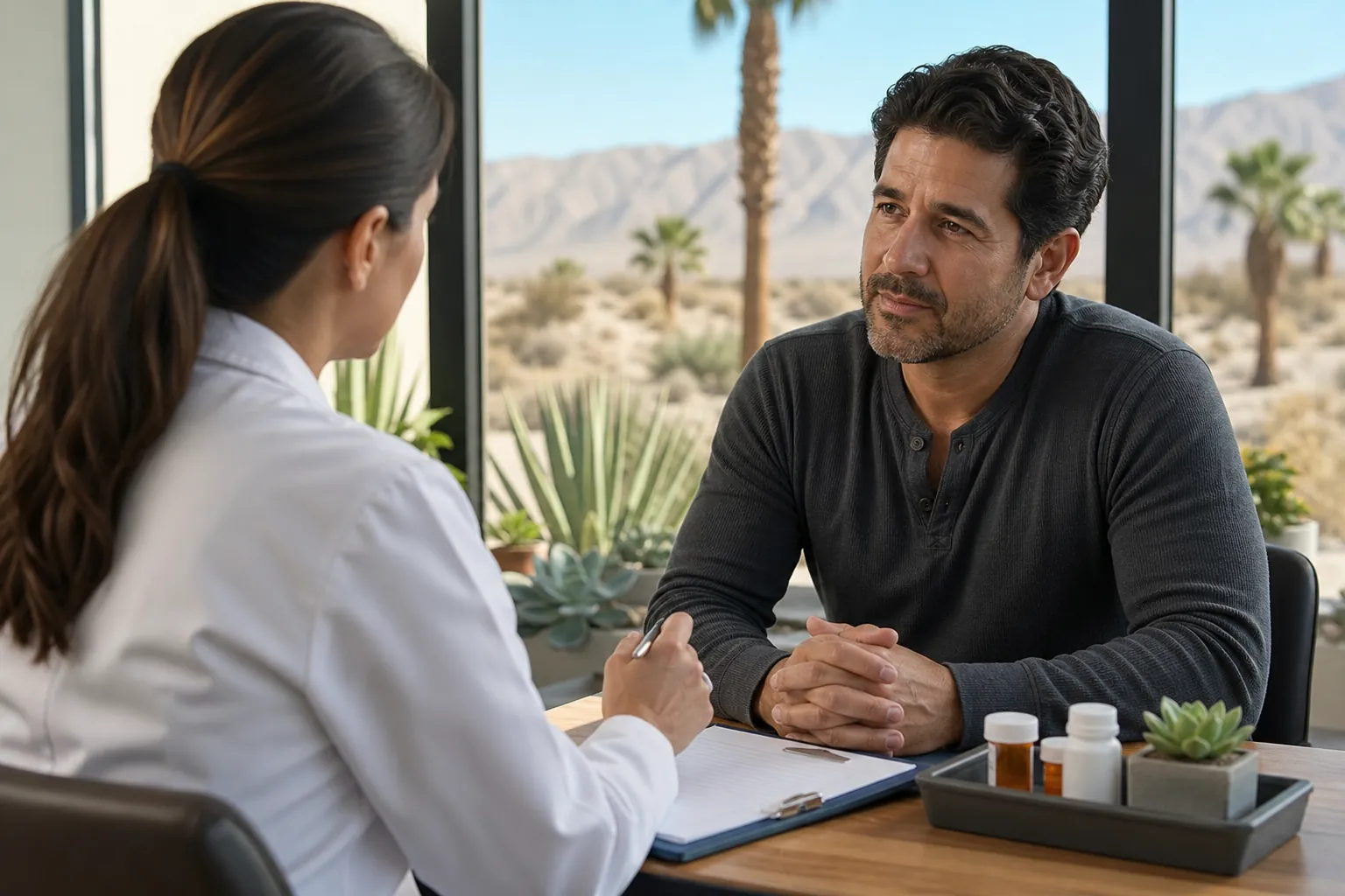 A clinician with a clipboard meets with a man beside medication bottles, with desert mountains and palms outside the windows.