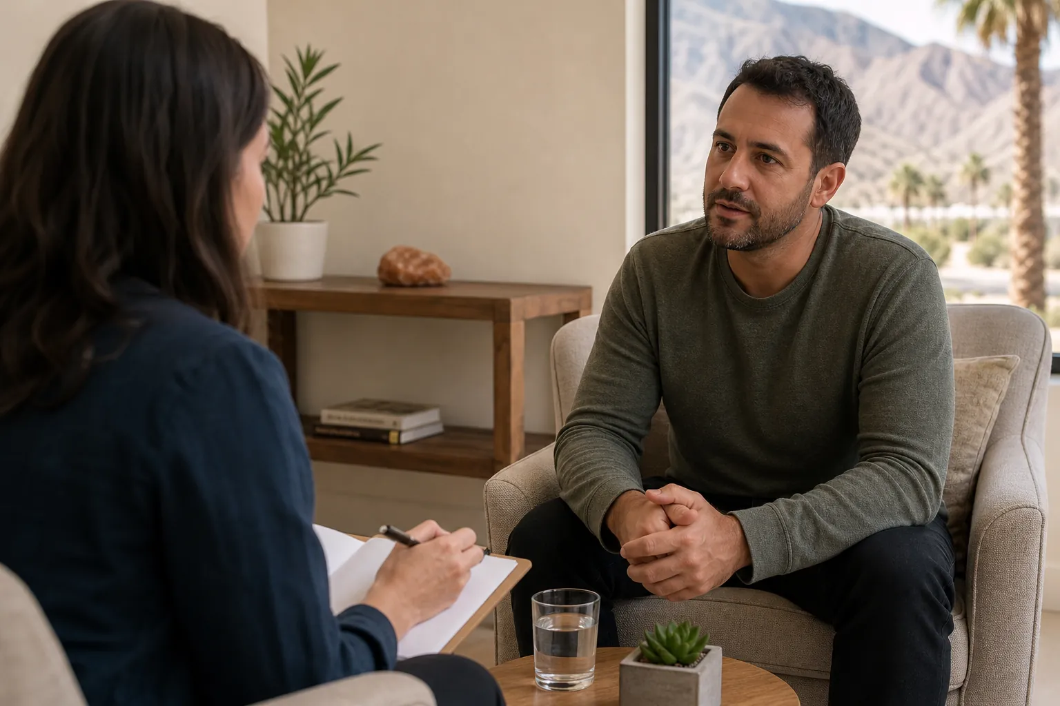 A man sits opposite a woman holding a clipboard in an office with desert mountains and palm trees outside the window.