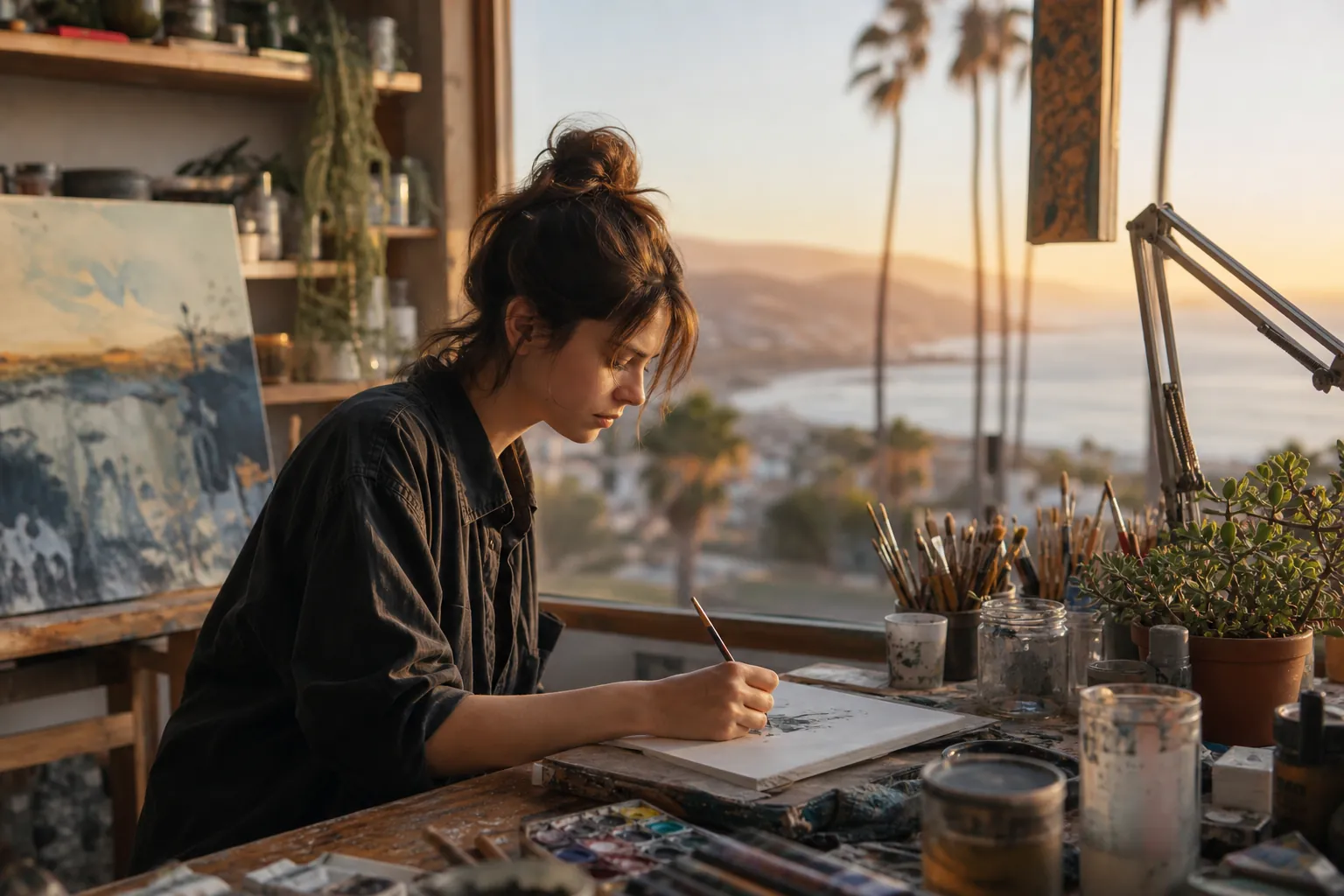 Artist Sketching in a Sunlit Coastal Studio A woman sketches at a paint-covered studio table beside brushes and plants, with palm trees and a coastal view outside.