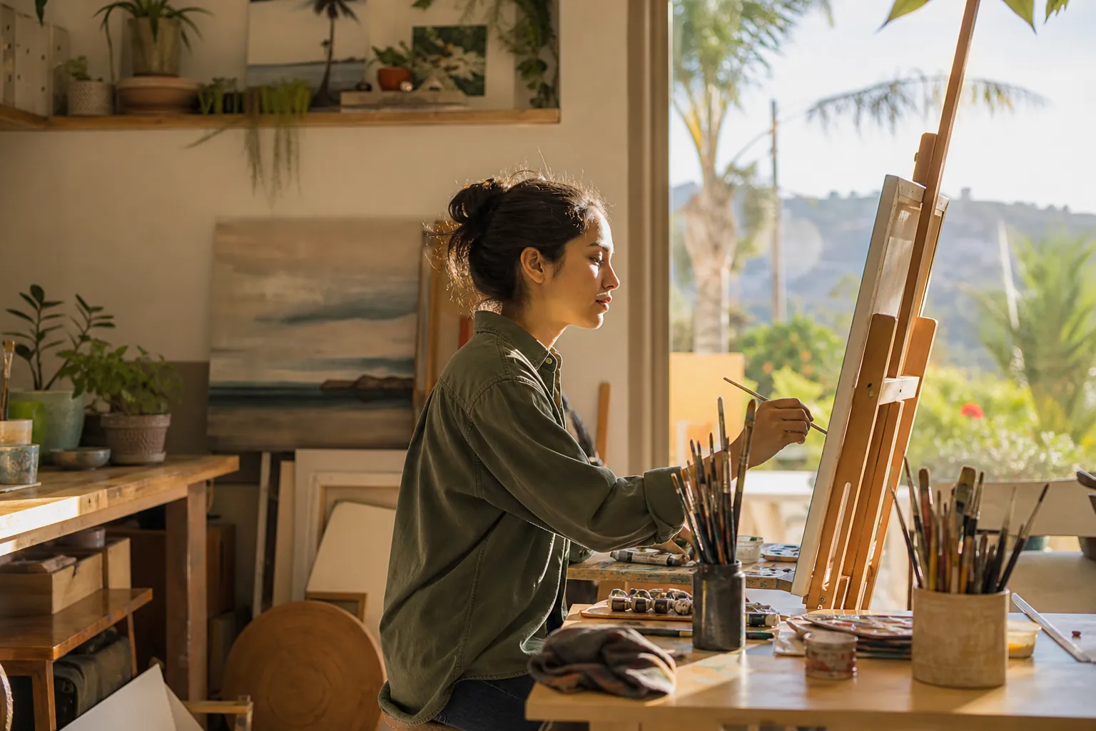 Artist Painting in a Sunlit Creative Studio A woman holds a paintbrush at an easel in a sunlit studio filled with plants, paintings, and art supplies.