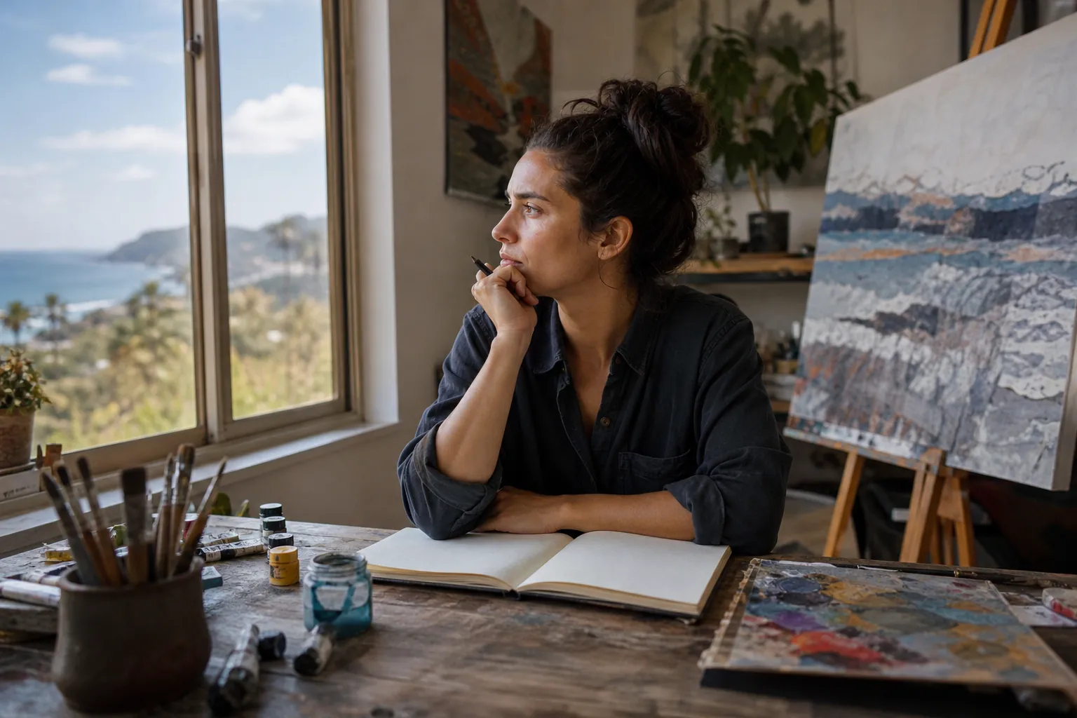 Artist Reflecting in a Coastal Art Studio An artist rests her chin on her hand beside an open sketchbook and paints, gazing through a studio window toward the coast.