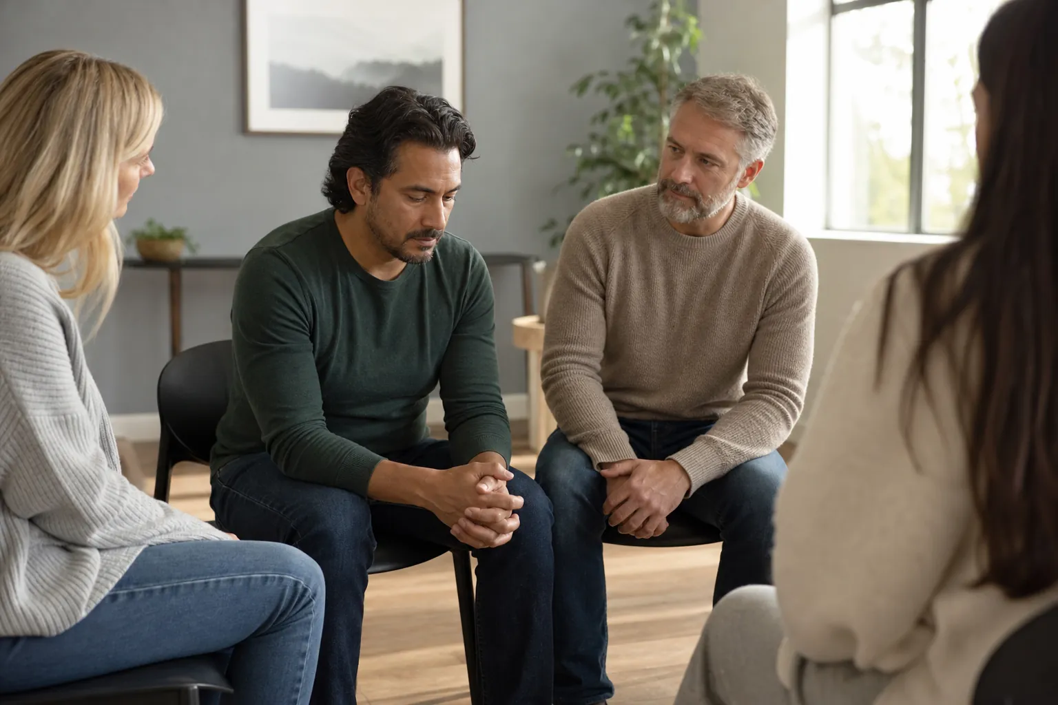 Four adults sit in a small discussion circle, with a dark-haired man looking down and a gray-haired man leaning toward him.