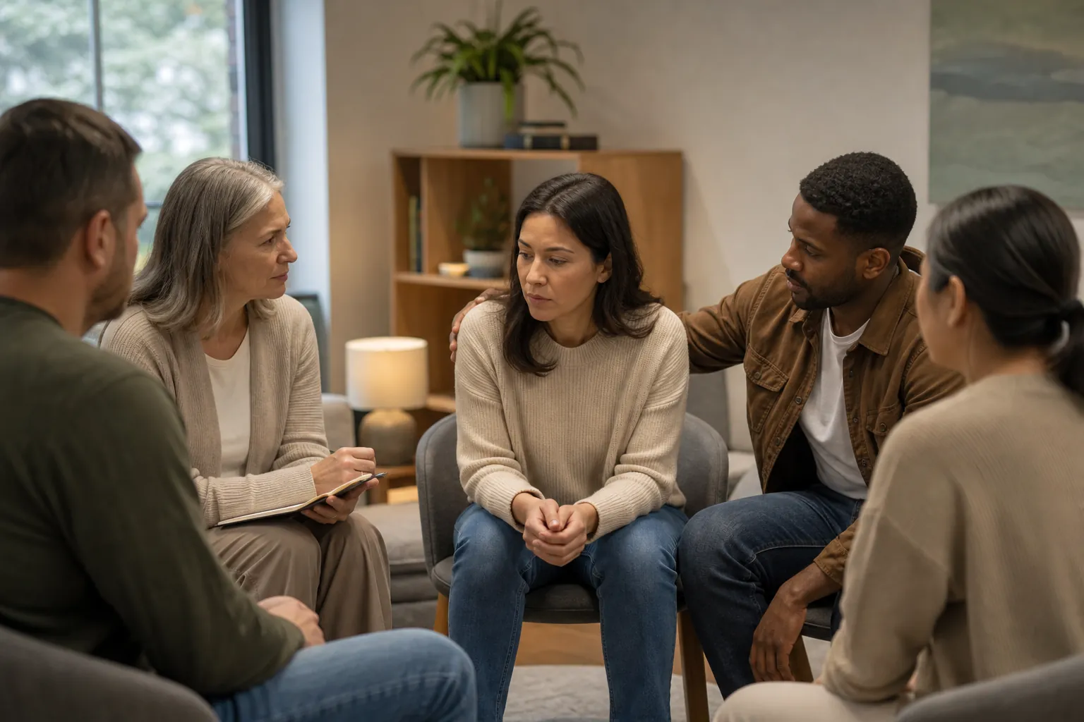 Five adults sit in a counseling circle as a woman clasps her hands and a man rests his hand on her shoulder.