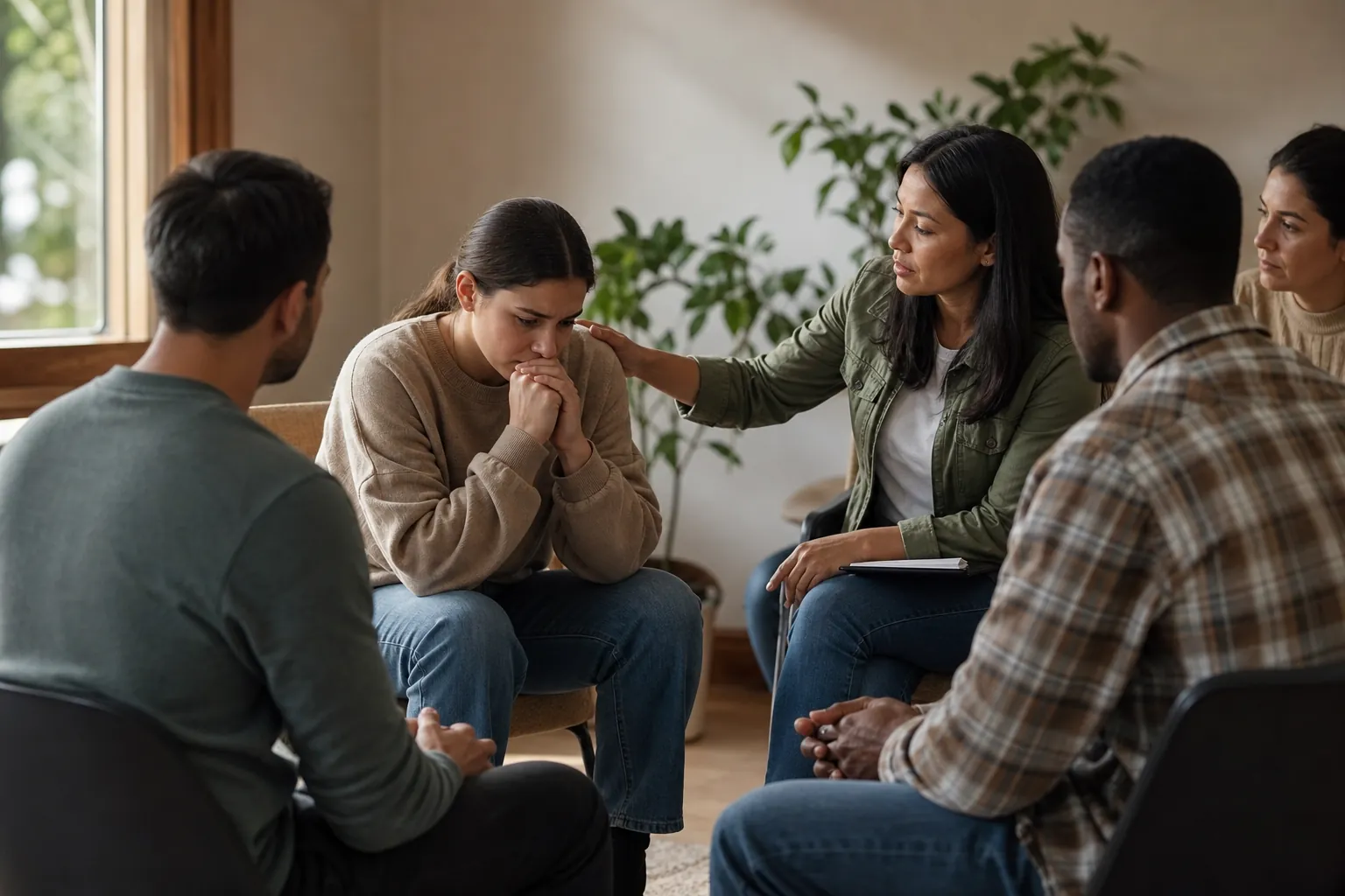 A seated woman clasps her hands near her face as another woman rests a hand on her shoulder during a group discussion.