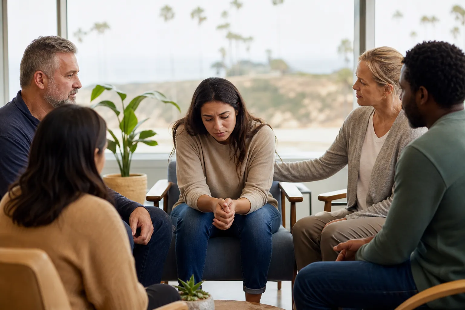 Five adults sit in a circle as a downcast woman clasps her hands and another woman reaches toward her shoulder.