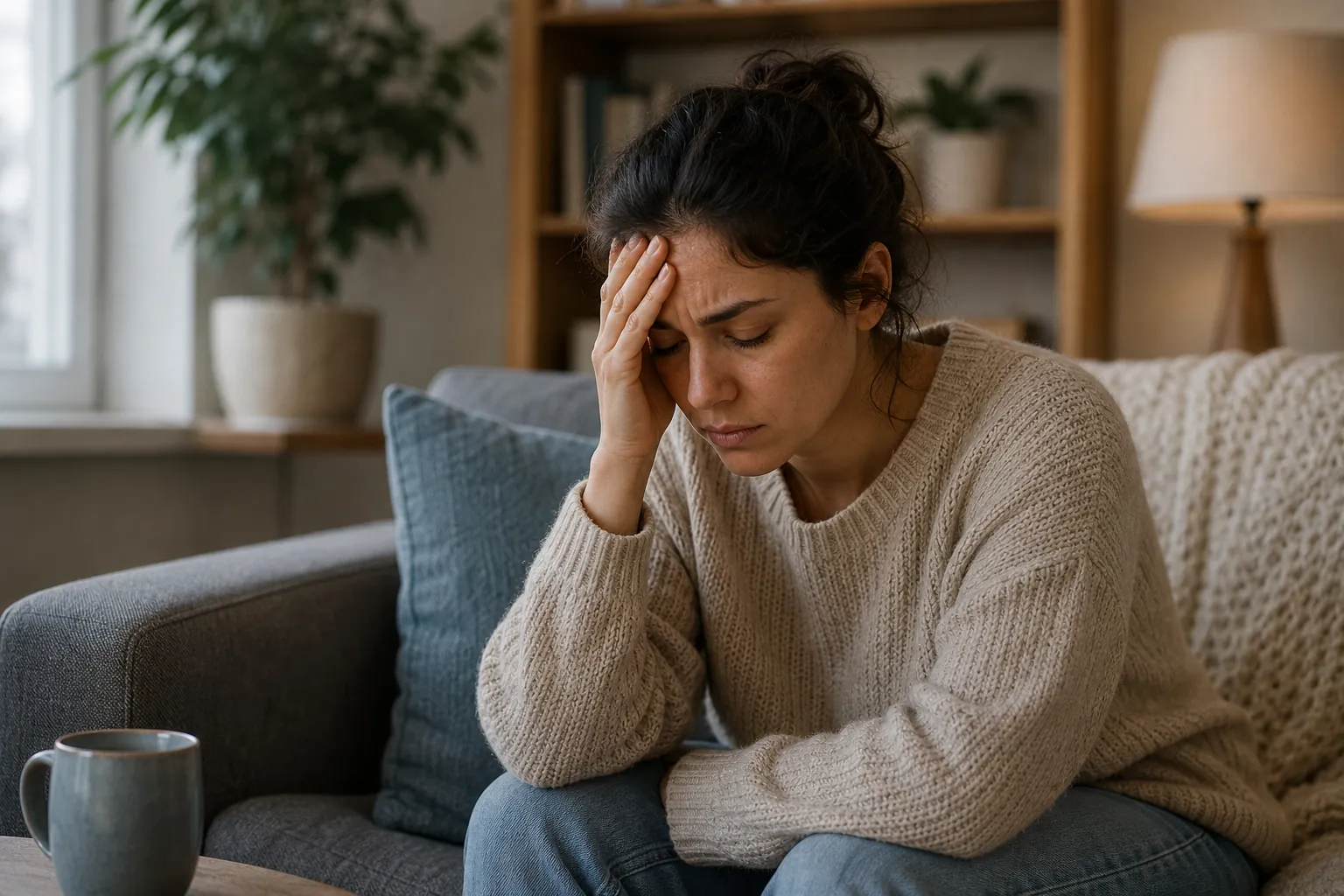A woman in a beige sweater sits leaning forward on a sofa, eyes closed and one hand pressed to her forehead.