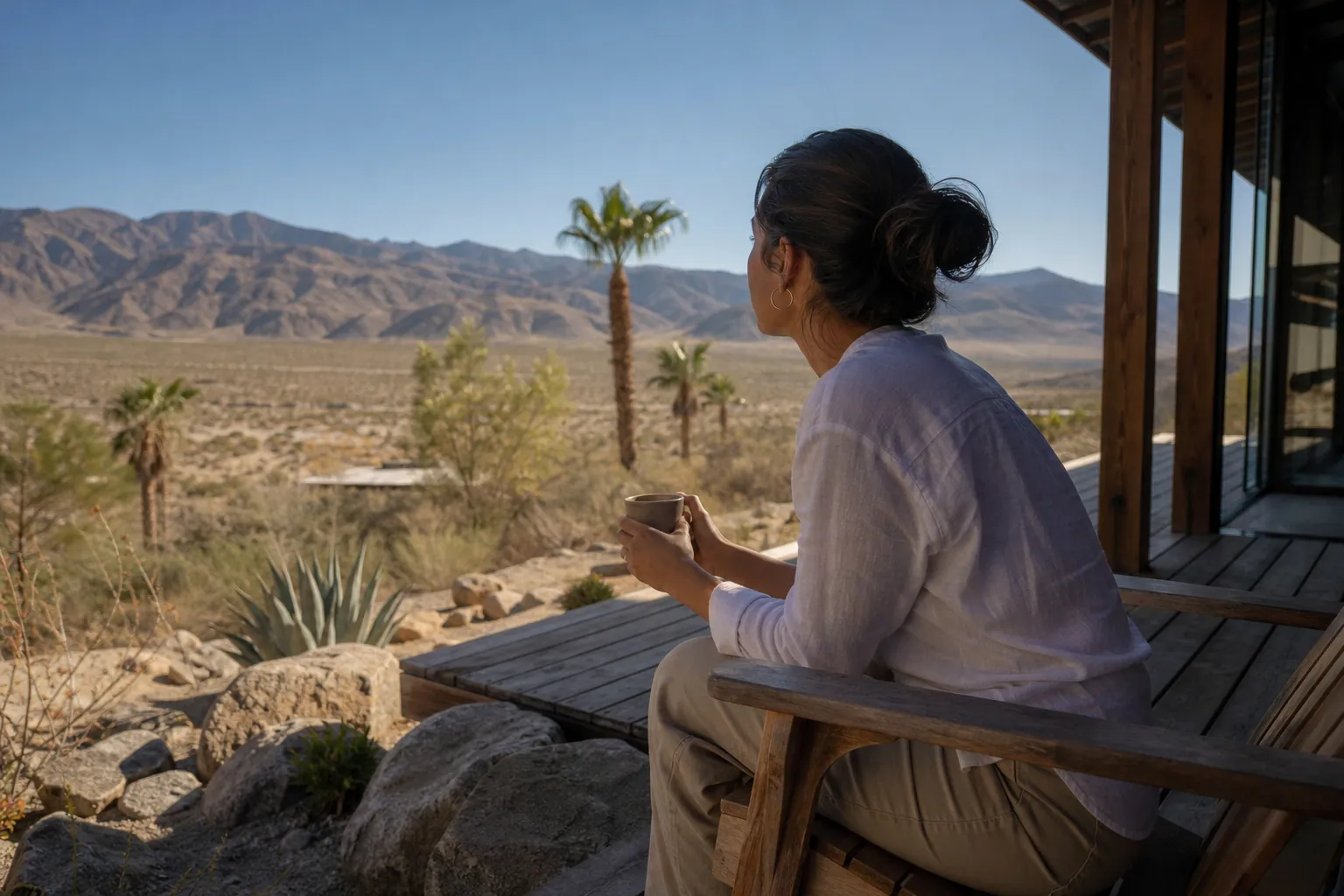 A woman holding a mug sits in a wooden chair on a porch overlooking desert plants, palm trees, and rugged mountains.