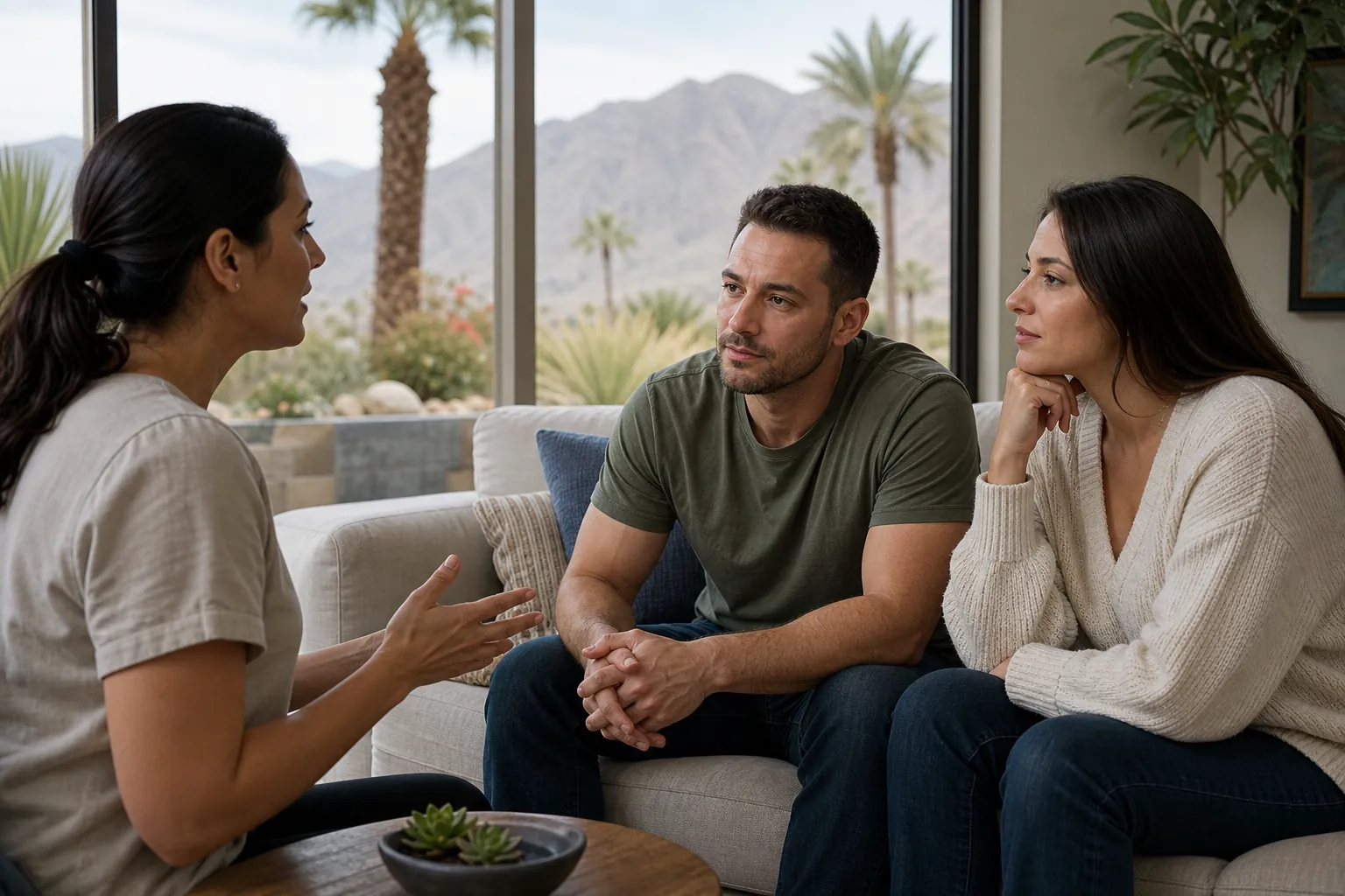 A woman gestures while speaking with a seated man and woman in a bright room overlooking palm trees and desert mountains.