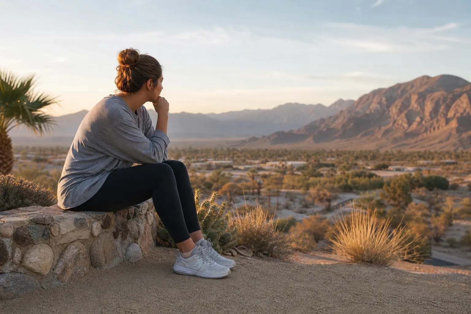 A woman sits on a stone wall with her hand beneath her chin, looking across a desert valley toward sunlit mountains.