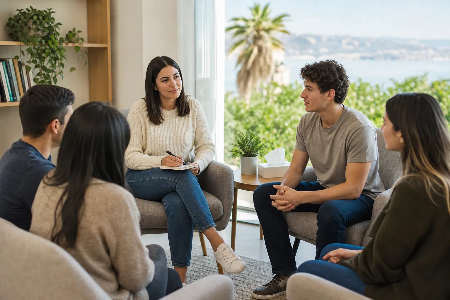 Five adults sit in a counseling circle, with one woman holding a pen and notebook beside a window overlooking palm trees.
