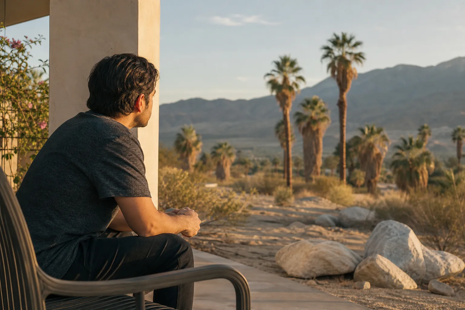 A man sits on a shaded patio with his hands clasped, looking toward palm trees, desert rocks, and distant mountains.