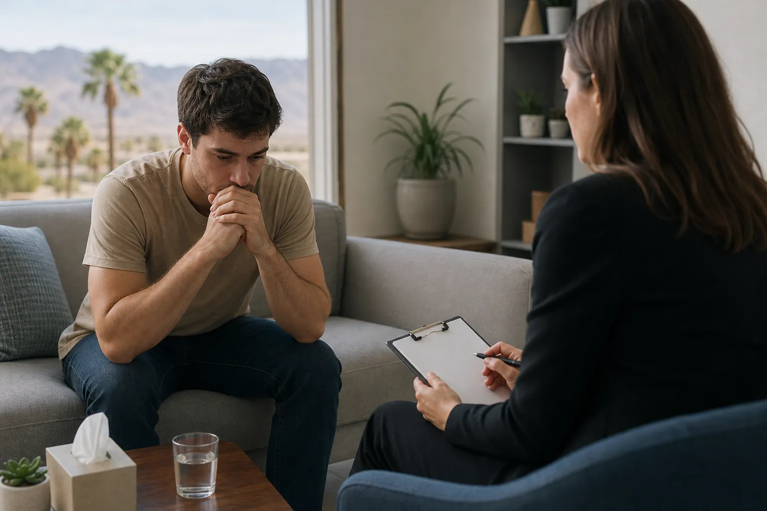 A concerned man clasps his hands on a sofa while a woman holds a clipboard, with palms and desert mountains outside.