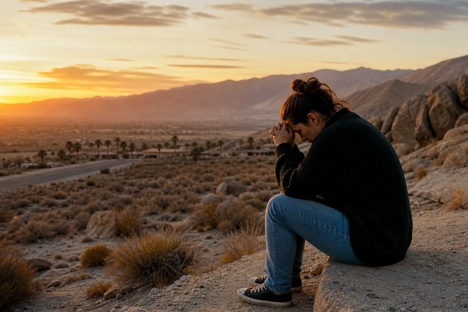 A woman sits on a desert rock with her head bowed against clasped hands, overlooking a road, palms, and mountains at sunset.