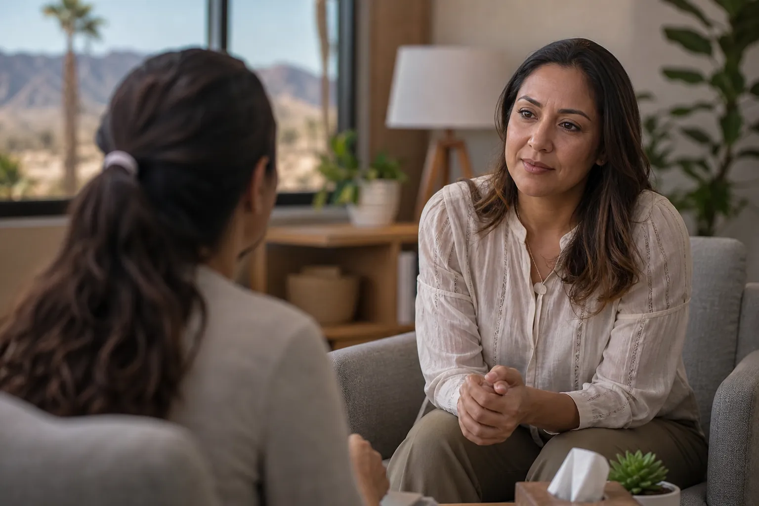 Two women sit facing each other in a quiet room, with clasped hands, tissues, and desert mountains visible through a window.