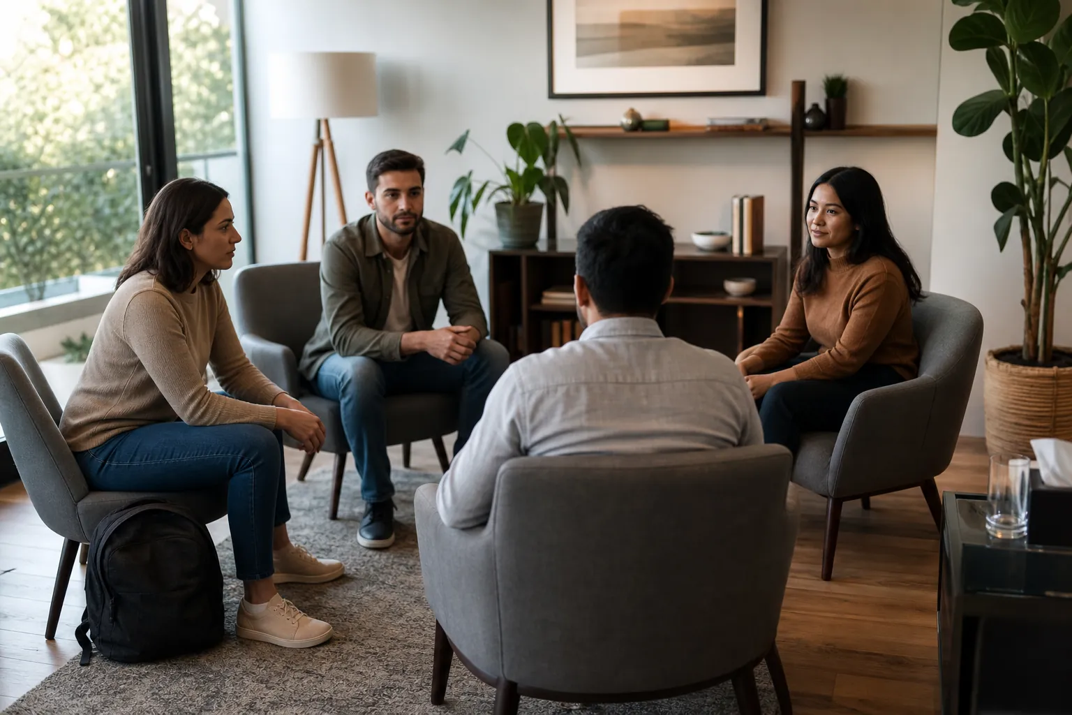 Four adults sit in a circle of gray armchairs in a bright room with plants, appearing to take part in group counseling.