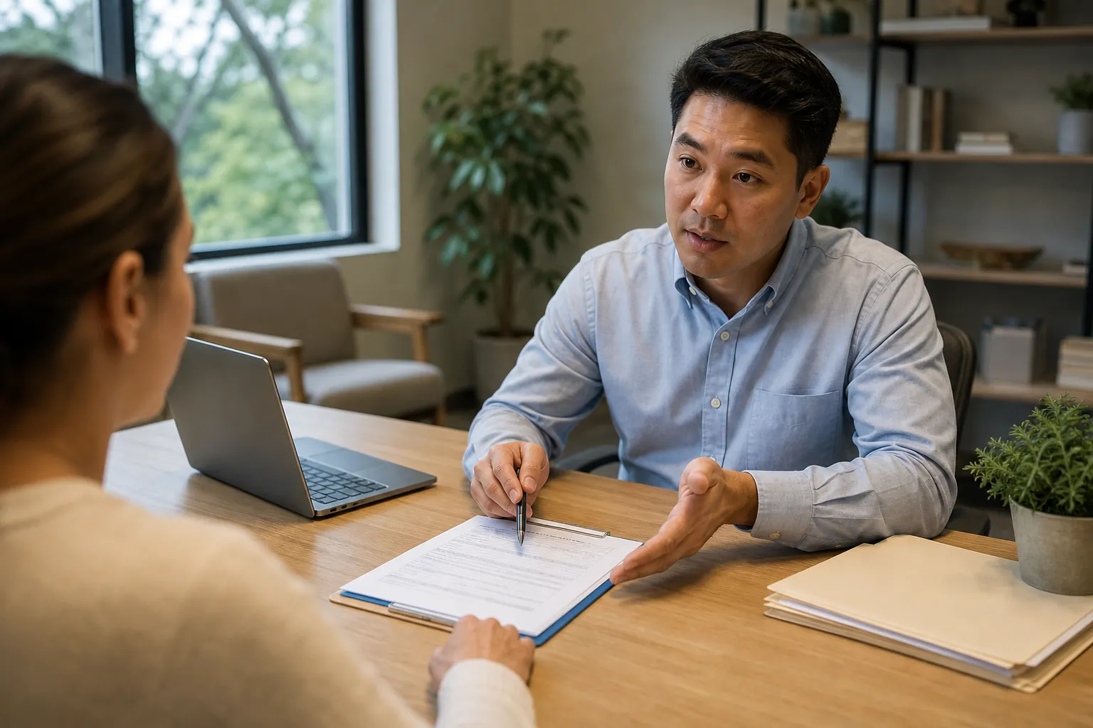 A man holding a pen discusses paperwork on a clipboard with a woman across a desk beside an open laptop and folders.