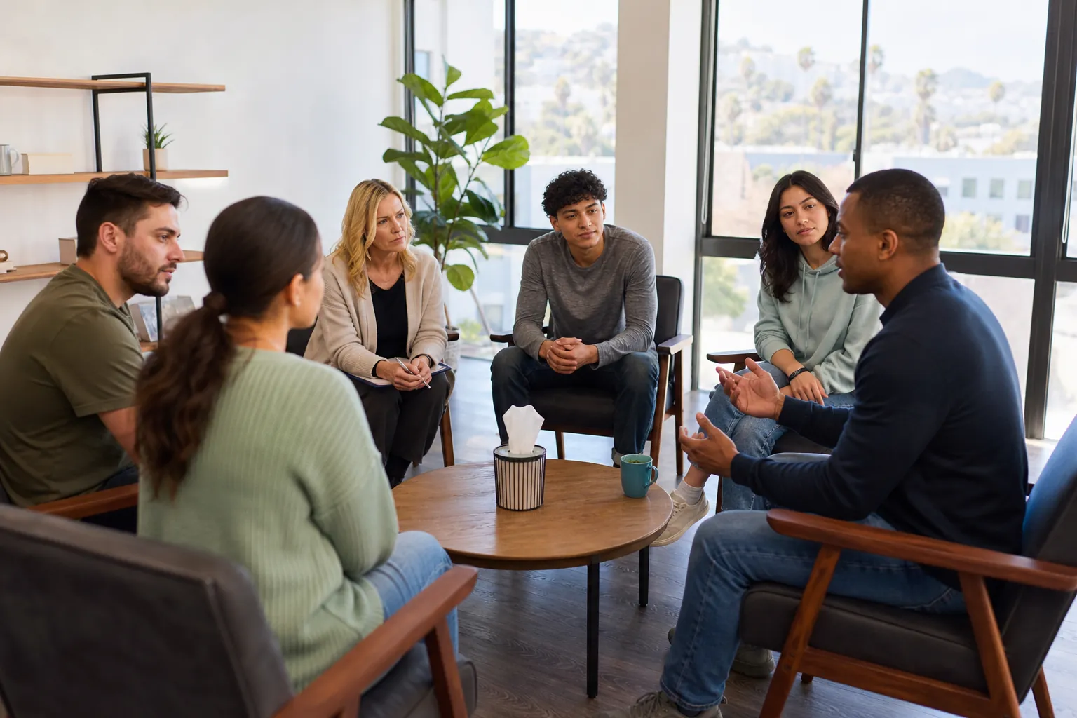 Six adults sit in a circle around a small table in a bright room, listening to a man gesture during a group discussion.