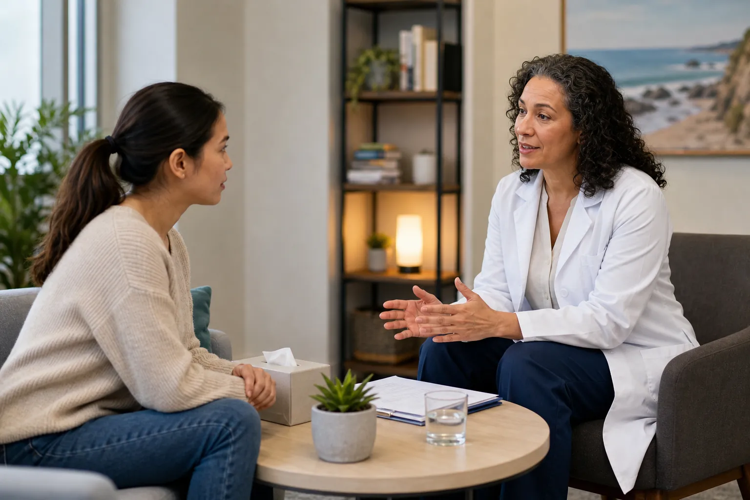 A woman in a white coat gestures while speaking with another woman seated across a round table in an indoor sitting area. A woman in a white coat gestures while speaking with another woman seated across a round table in an indoor sitting area.
