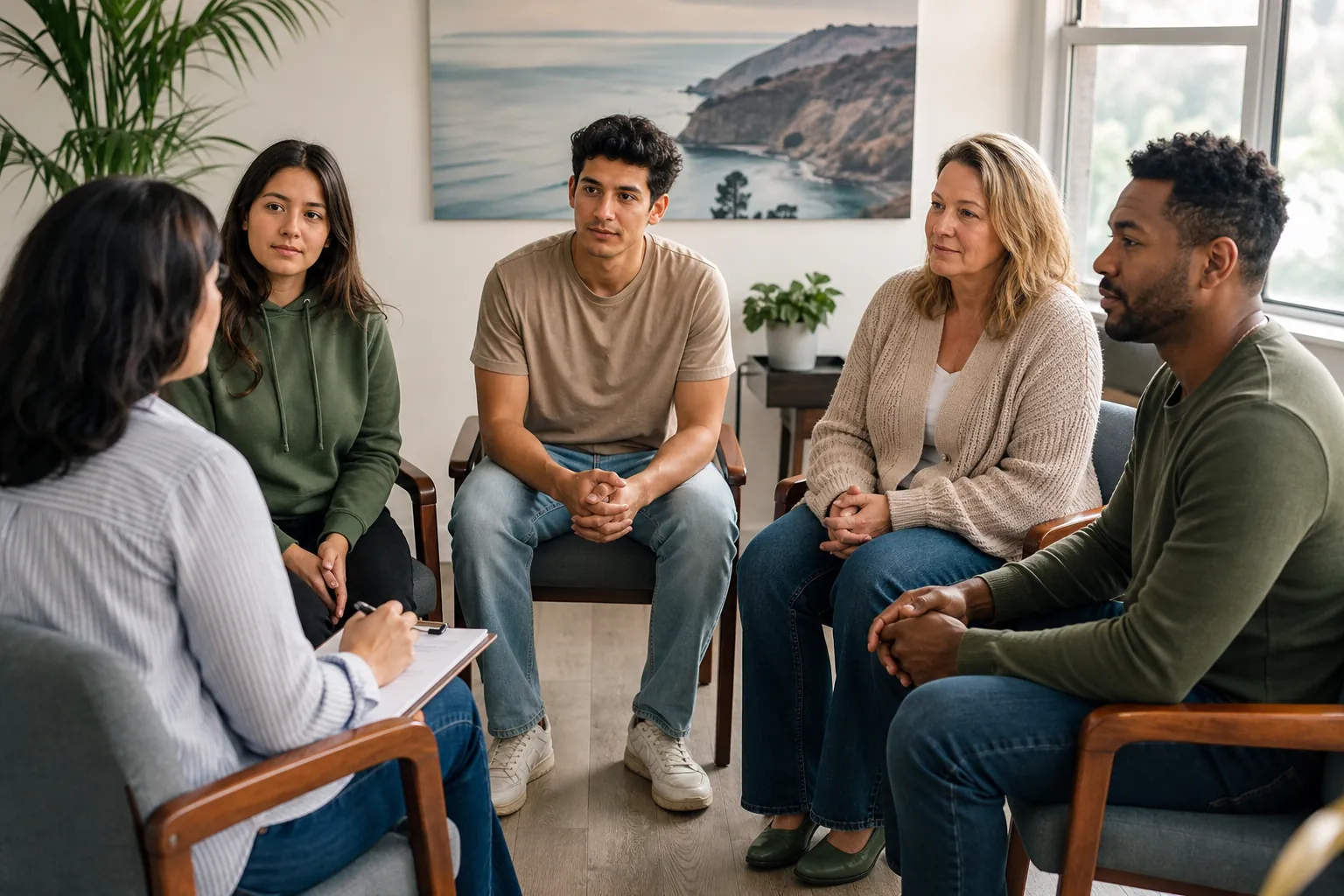 Five adults seated in a circle in a bright room, with one holding a clipboard and a coastal photograph on the wall.