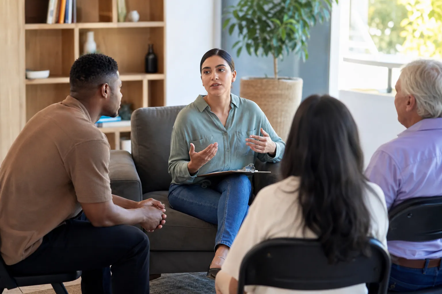 A woman holding a clipboard gestures while three adults listen in a bright room with shelving and a large plant.