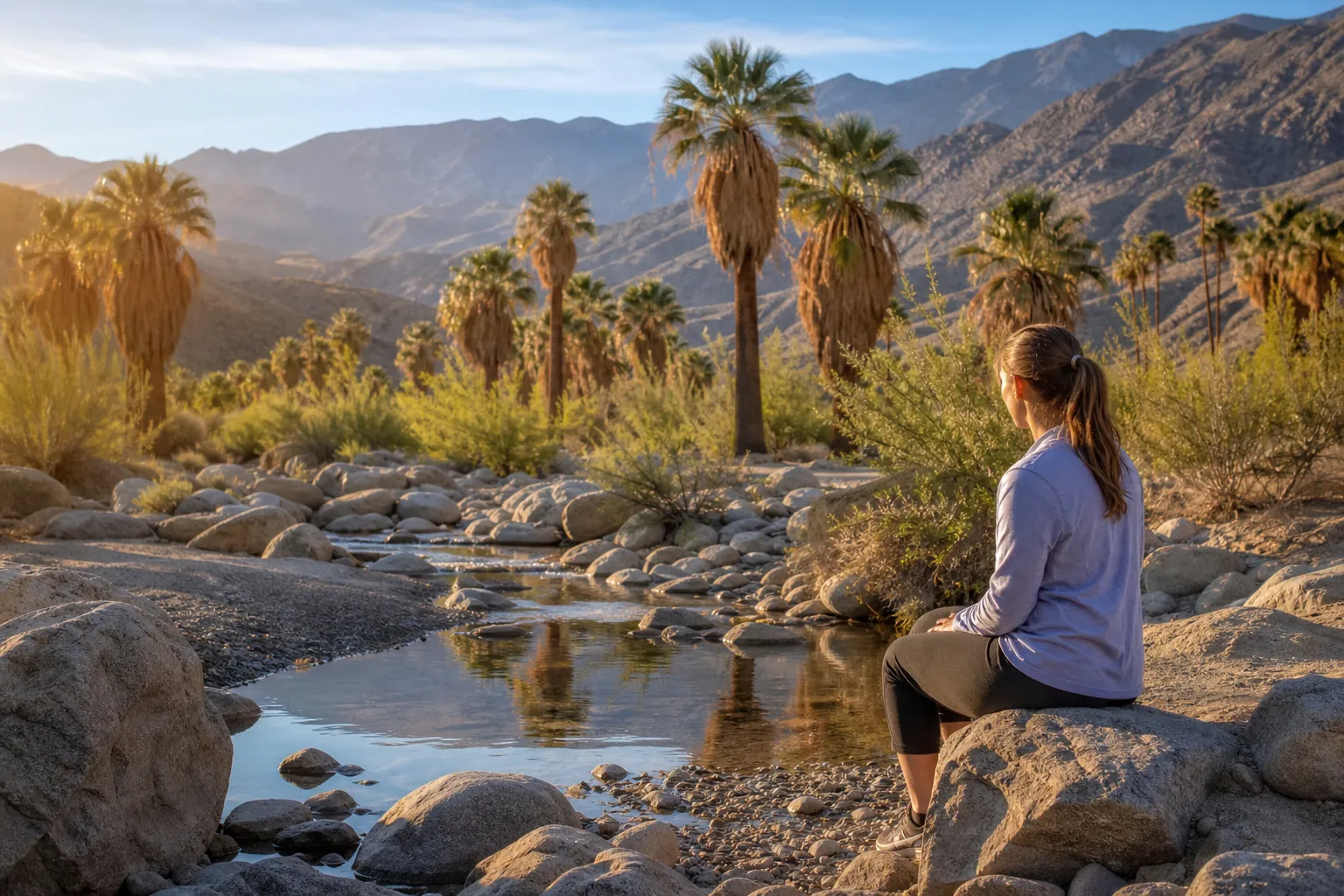 Woman Resting Beside a Desert Oasis Stream A woman sits on a boulder beside a shallow desert stream, surrounded by palm trees, rocky terrain and mountains.