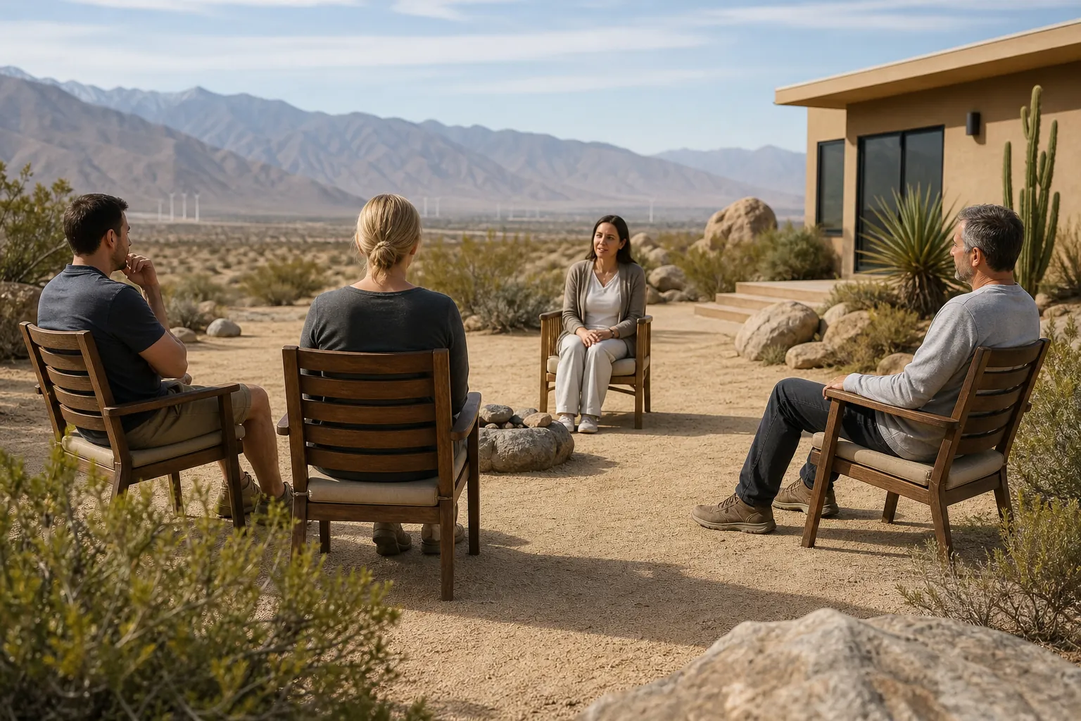 Outdoor Group Discussion in a Desert Setting Four adults sit in wooden chairs in a circle outside a desert building, with shrubs, cacti and mountains behind them.