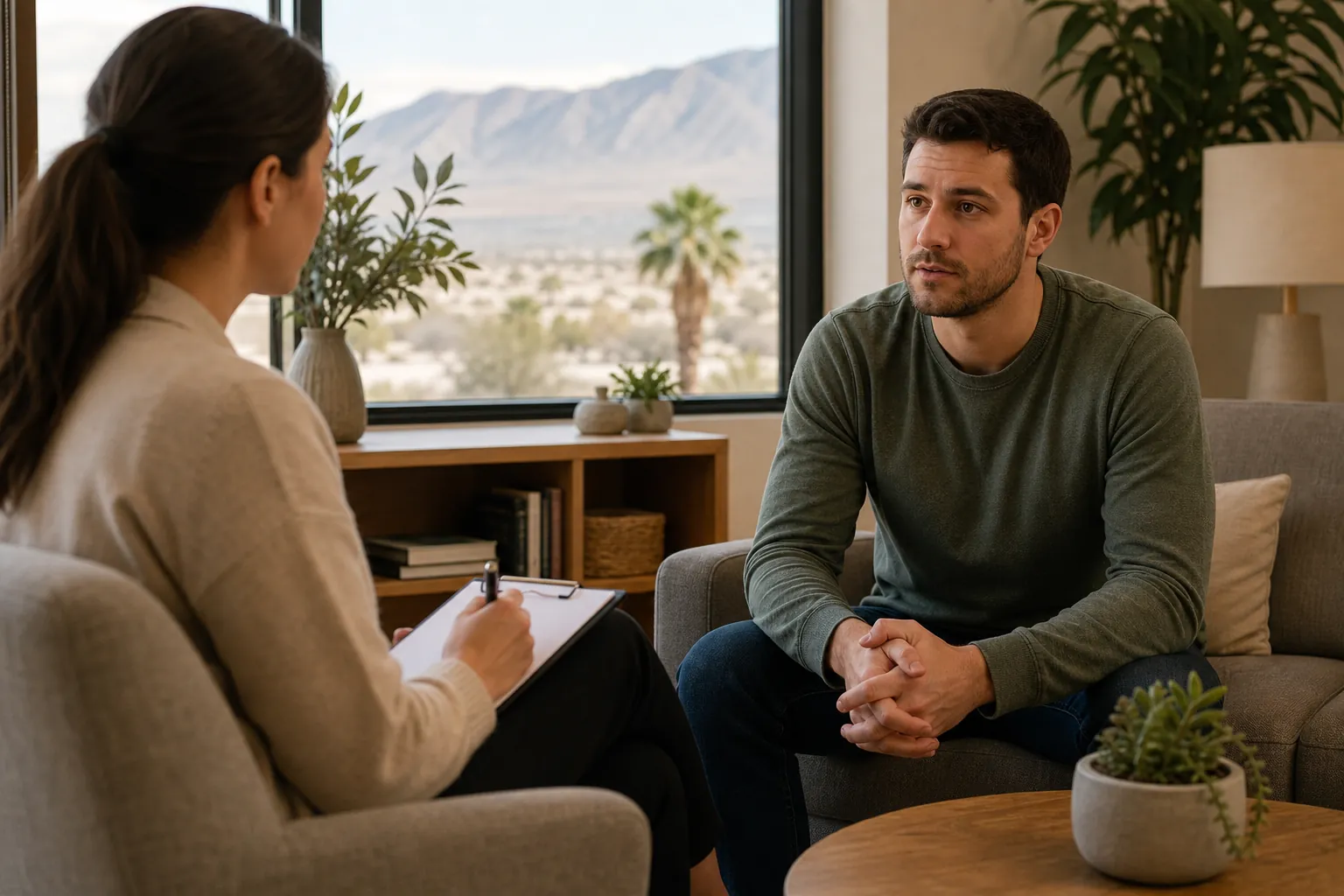 Clinical Consultation in a Desert Office A woman holding a clipboard meets with a seated man in an office overlooking desert mountains and palm trees.