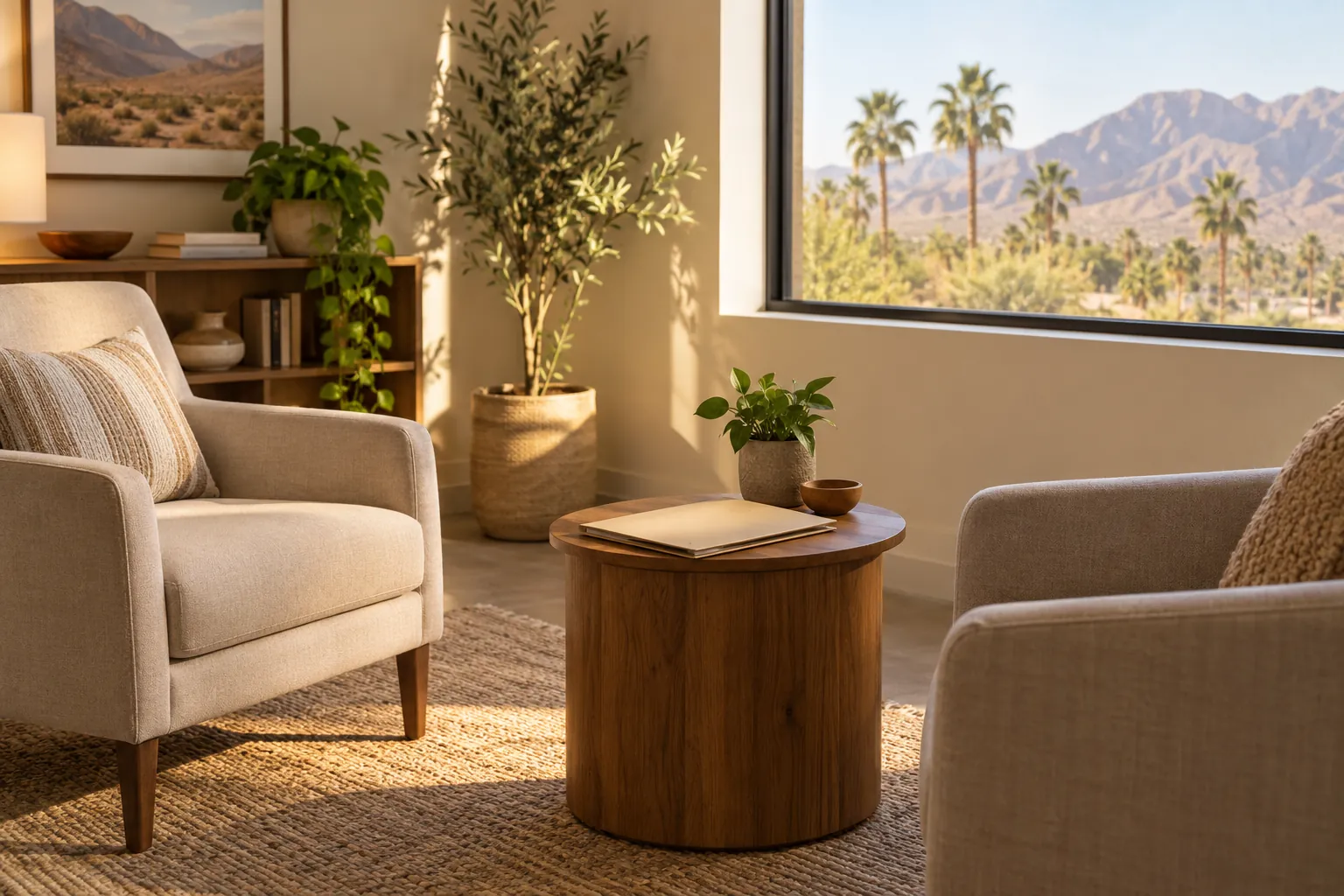 Sunlit seating area overlooking desert mountains Two upholstered armchairs beside a round wooden table and potted plants, with palm trees and desert mountains visible through a large window.