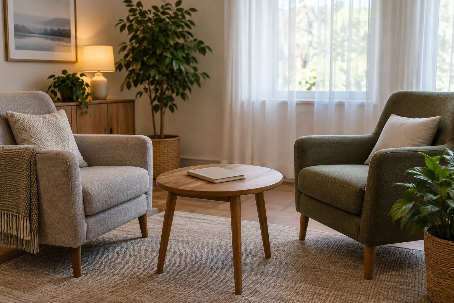 Two armchairs and a wooden table in a quiet seating area Two upholstered armchairs flank a round wooden table with a closed notebook in a room with houseplants, a lamp, and sheer window curtains.
