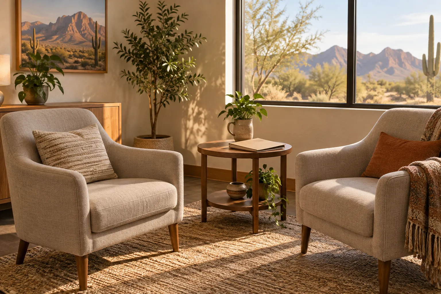 Two beige armchairs beside a round wooden table with a notebook and potted plant, with desert mountains and cacti visible through a large window.