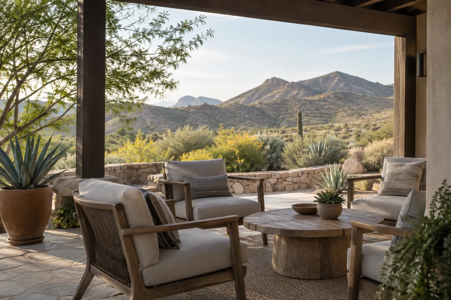 Cushioned wooden chairs surround a round table on a shaded patio overlooking desert plants and rocky mountains.