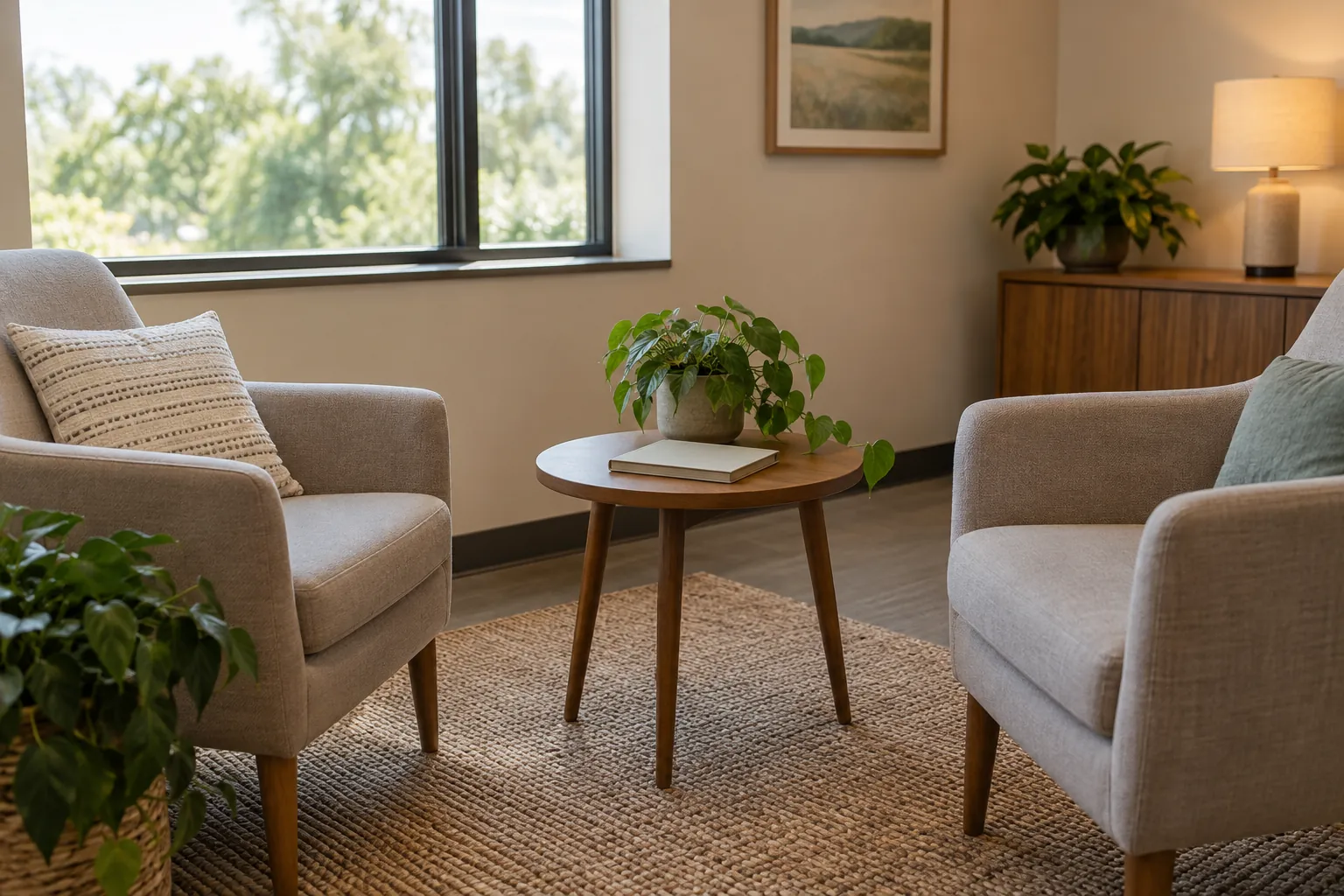 Two upholstered armchairs facing a round wooden table with a potted plant and closed notebook beside a large window.