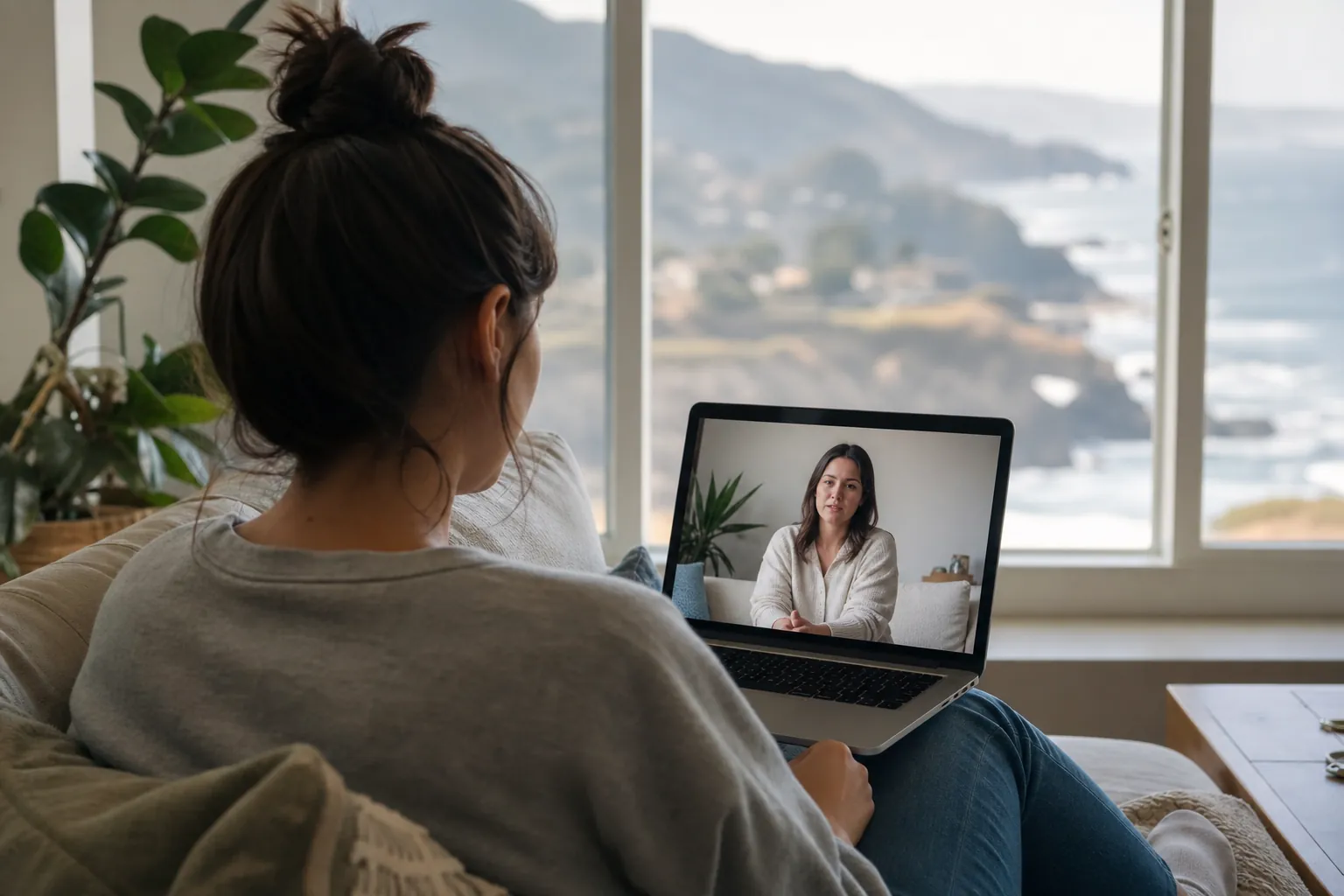 Editorial illustration of How telehealth addiction counseling works in California