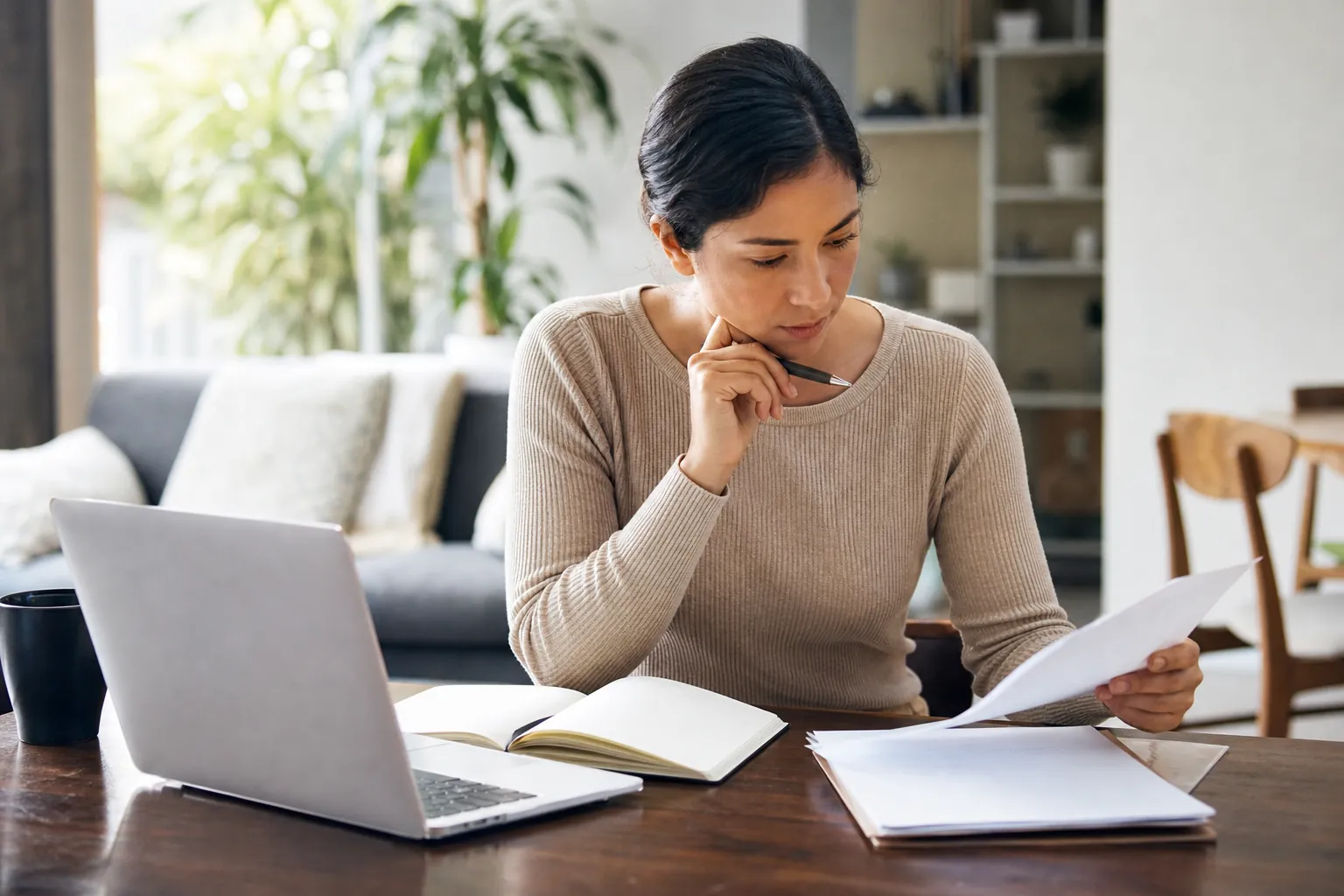 Woman reviewing paperwork with a pen, notebook, laptop, and folders at a dining table in a bright home.