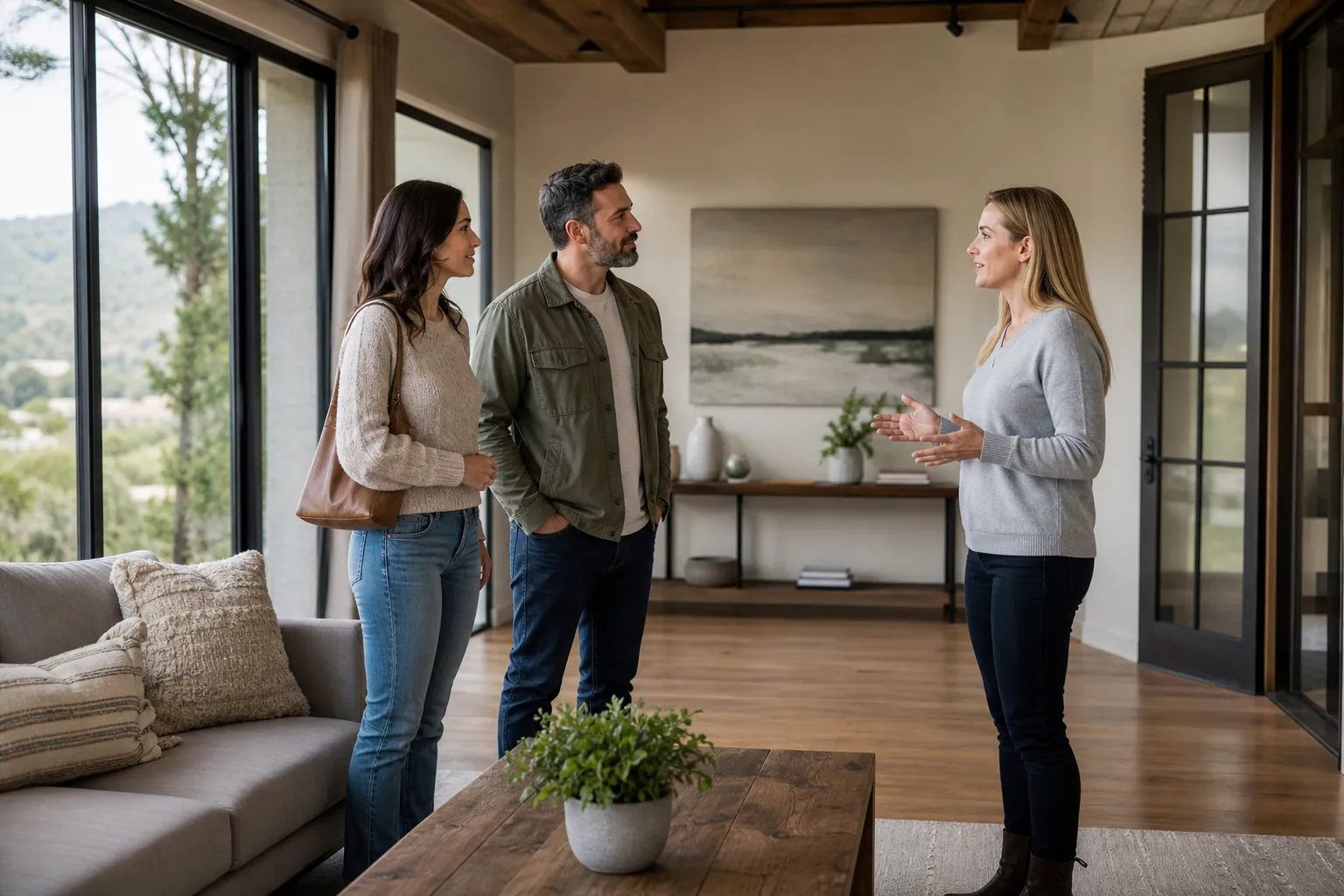 A woman speaks with a visiting couple in the bright, furnished living room of a residential facility.