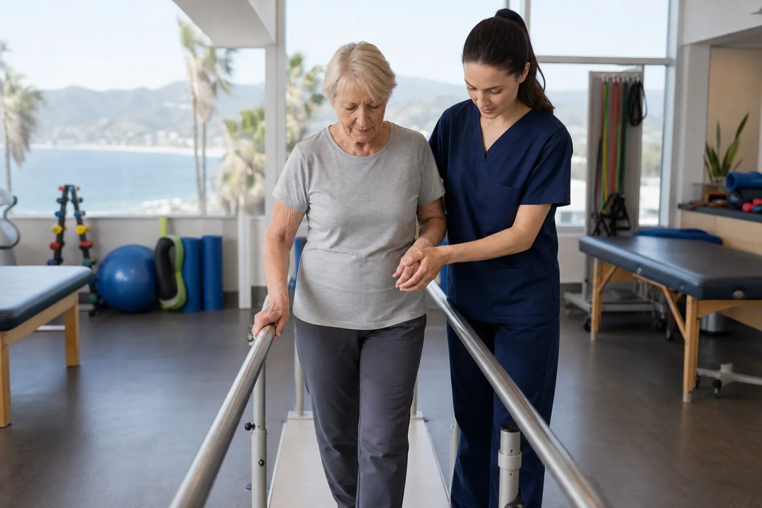 Physical therapist assisting a patient with walking practice A physical therapist in navy scrubs assists an older woman walking between parallel bars in a bright rehabilitation clinic.