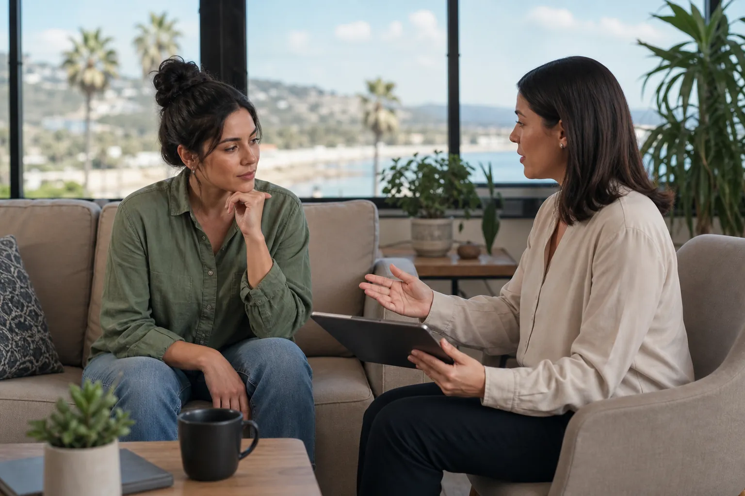 Two women discussing outpatient care options Two women discuss care options in a comfortable office while one holds a tablet and gestures.