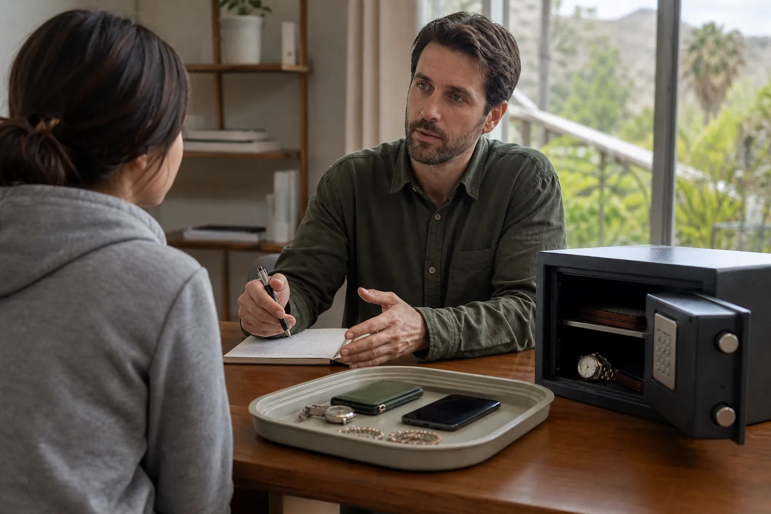 Counselor Discussing Secure Storage of Personal Valuables A counselor speaks with a resident beside an open safe and a tray holding jewelry, a watch, phone, wallet, and keys.